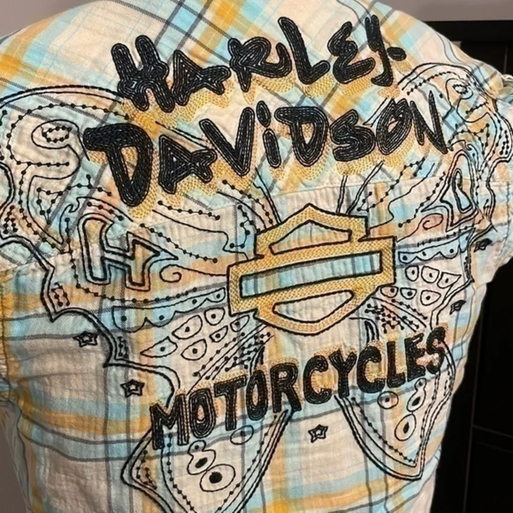 Harley Davidson capped sleeve white/blue/orange plaid embroidered logo top XS - Picture 6 of 13